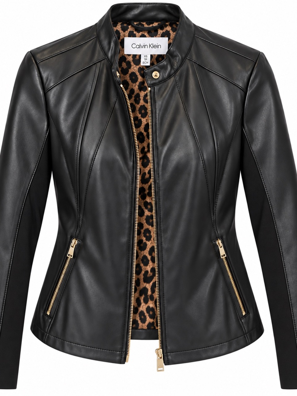 Calvin Klein Black Faux Leather Jacket with Leopard Lining